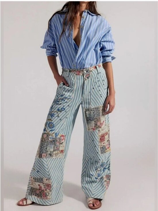 Free People Denim - Free People NWT Patchwork Wide Leg Railroad Stripe Cotton Fabric Jeans Pants